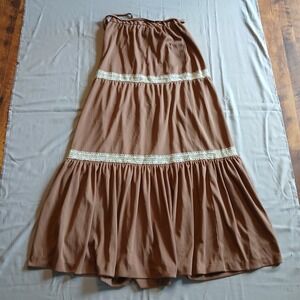Handmade Brown Tiered Maxi Skirt Zip Lace Cottagecore Prairie No Size Tag
